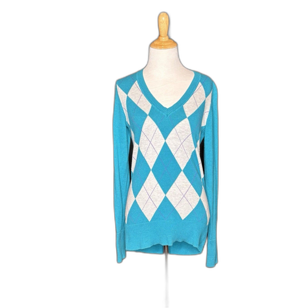 Apt 9  Turquoise Blue Argyle V-Neck Long Sleeve Pullover Sweater Size Small